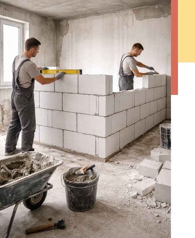 Кладка перегородок из ПГП в Коркино от 2595 руб./м2 — монтаж и возведение под ключ | ОТДЕЛОЧНИК-Крк