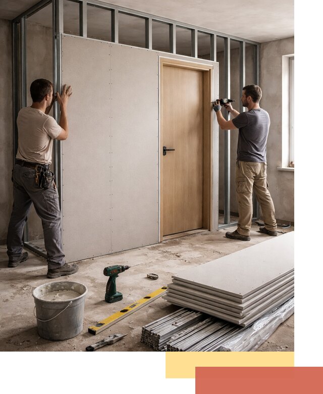 Перегородка из гипсокартона с дверью под ключ в Коркино