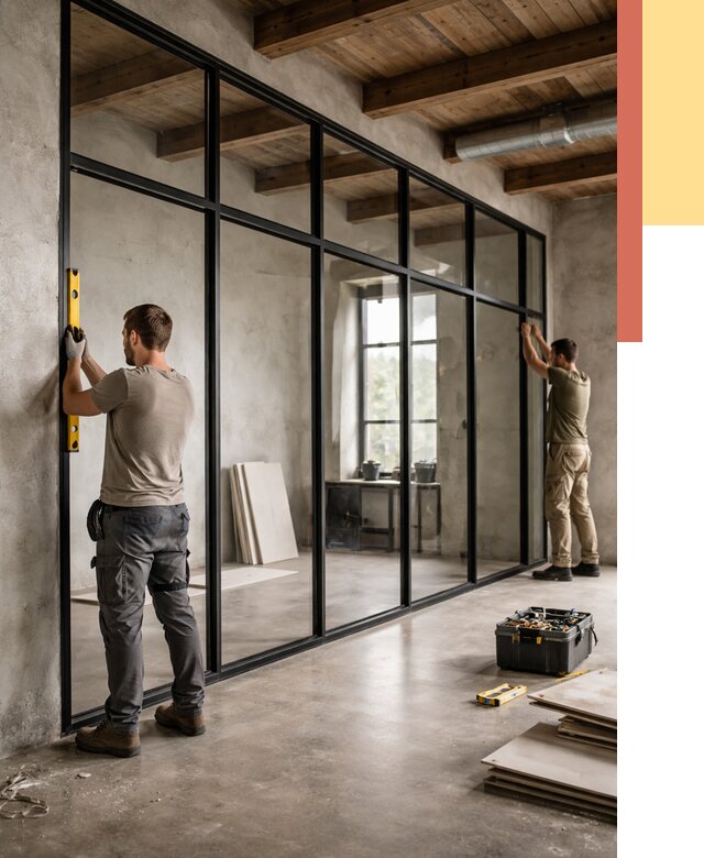 Стеклянные перегородки лофт в Коркино от 10900 руб. под ключ | ОТДЕЛОЧНИК-Крк