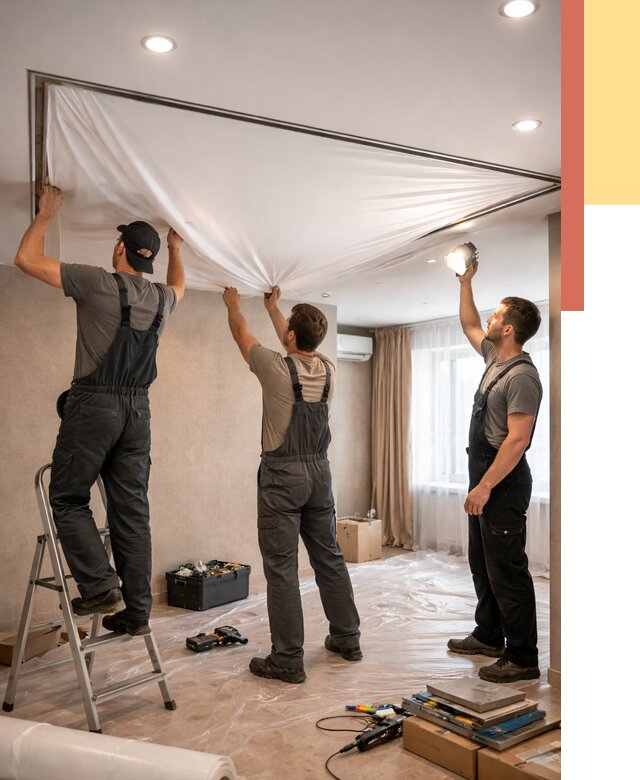 Монтаж ПВХ натяжного потолка в Коркино от 3633 руб. под ключ | ОТДЕЛОЧНИК-Крк