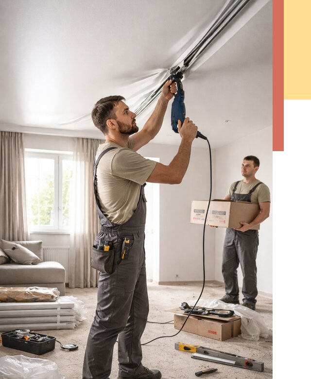 Монтаж сатинового натяжного потолка в Коркино от 3633 руб. | Быстро, недорого — ОТДЕЛОЧНИК-Крк