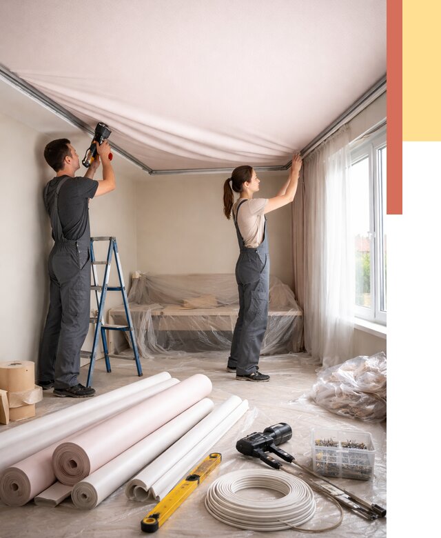 Монтаж цветного натяжного потолка в Коркино от 4360 руб/м² — быстро и недорого | ОТДЕЛОЧНИК-Крк