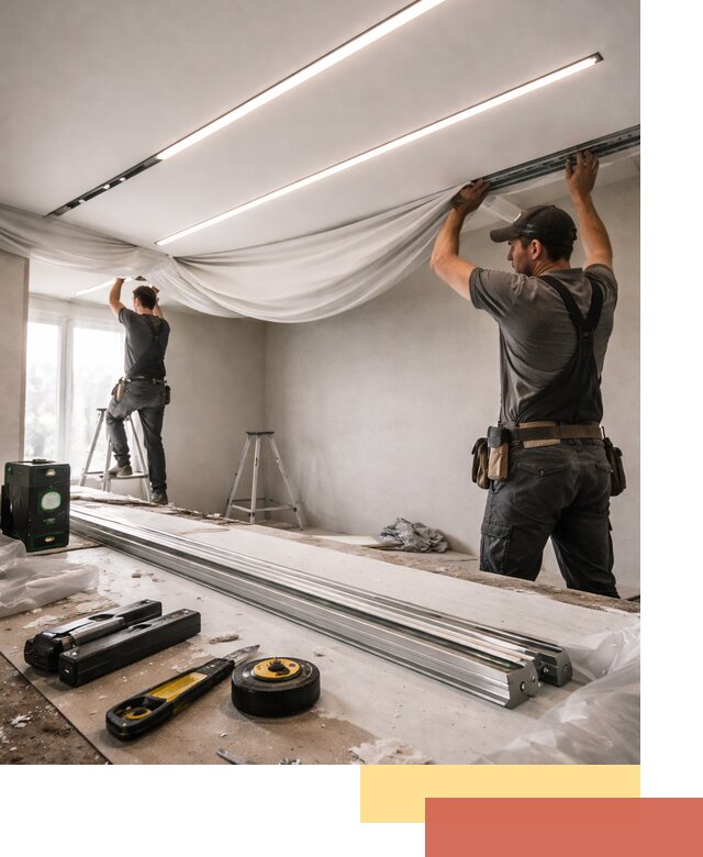 Монтаж натяжных потолков со световыми линиями в Коркино