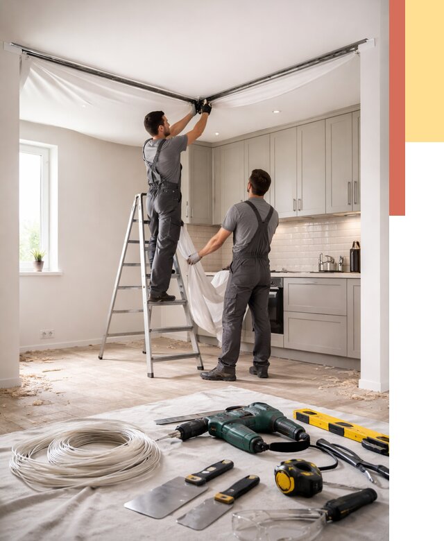 Установка натяжного потолка на кухне в Коркино от 2491 руб. | ОТДЕЛОЧНИК-Крк