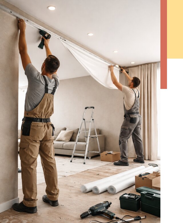 Монтаж натяжного потолка в гостиной в Коркино от 571 руб. | ОТДЕЛОЧНИК-Крк