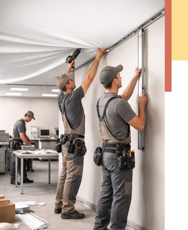 Монтаж натяжного потолка в офисе в Коркино от 467 руб/м² — быстро и недорого | ОТДЕЛОЧНИК-Крк