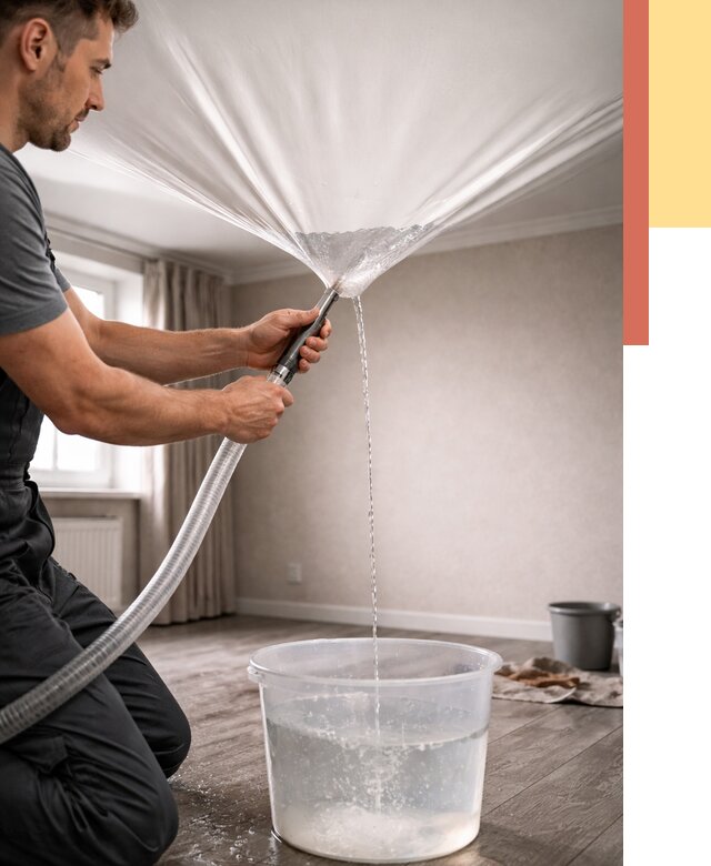 Слив воды с натяжного потолка в Коркино от 2595 руб. быстро и недорого | ОТДЕЛОЧНИК-Крк