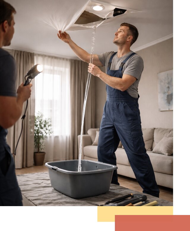 Слив воды с натяжного потолка в Коркино быстро и аккуратно