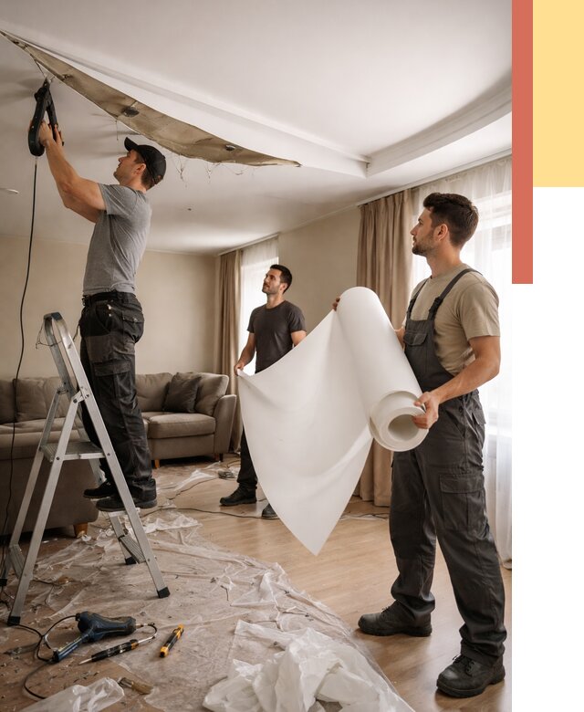 Замена полотна натяжного потолка в Коркино от 9862 руб. быстро и недорого | ОТДЕЛОЧНИК-Крк