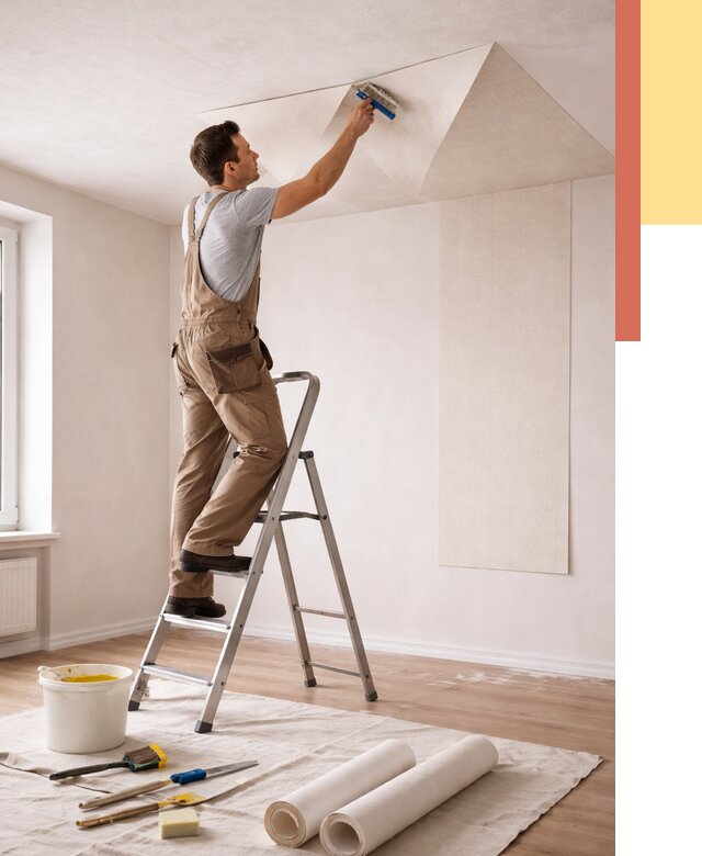 Поклейка обоев на потолок в Коркино от 4671 руб. быстро и недорого | ОТДЕЛОЧНИК-Крк